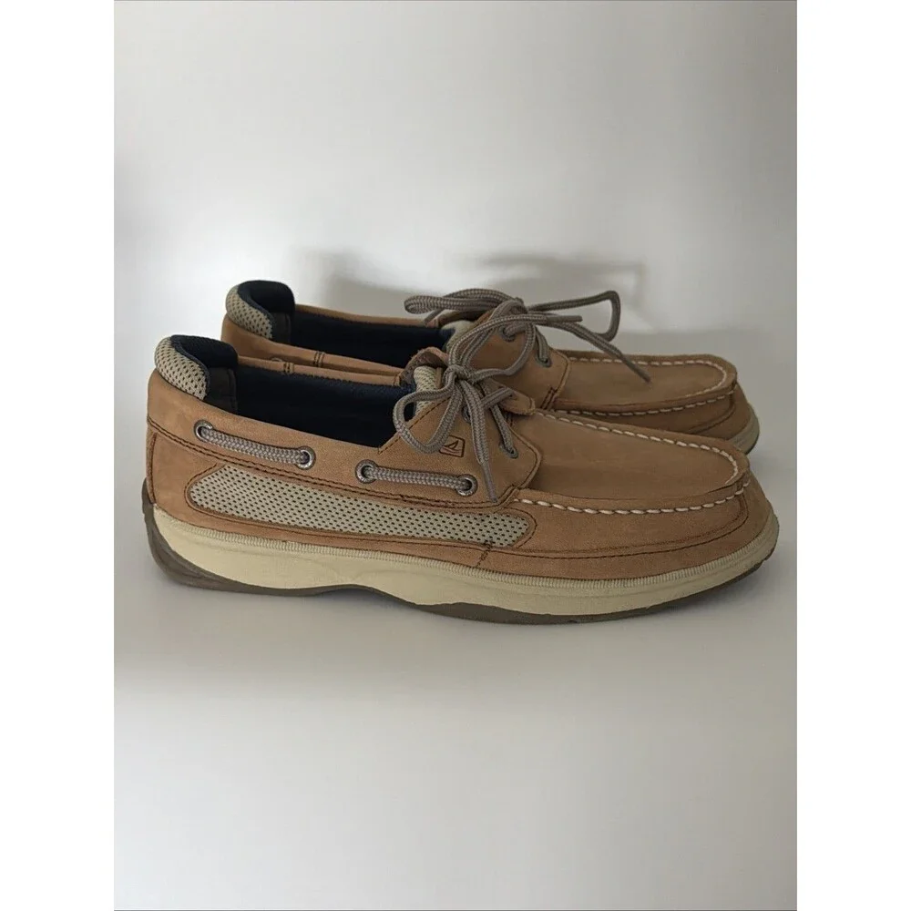 Sperry Top-Sider Lanyard Boat Shoes Boys Sz 5.5 Tan Leather Loafer Slip On EUC